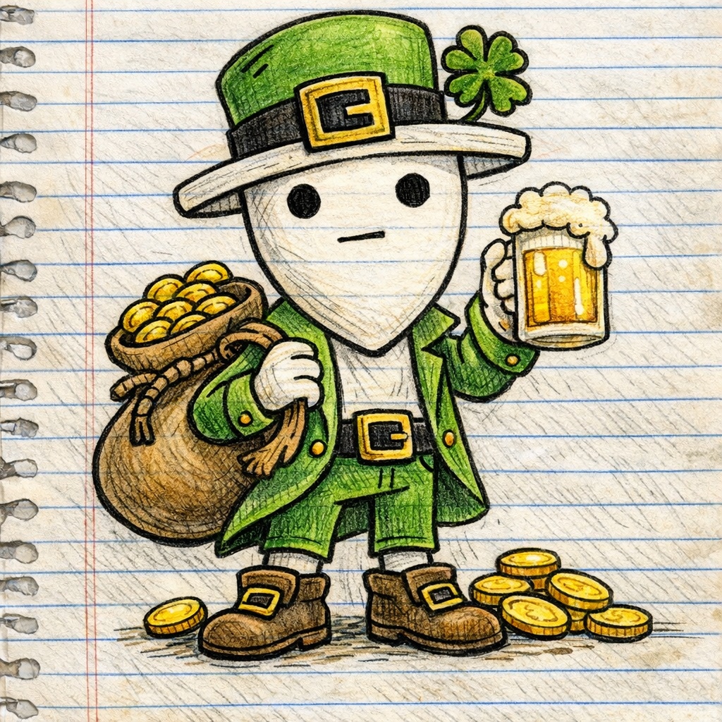 Lucky holding beer and gold